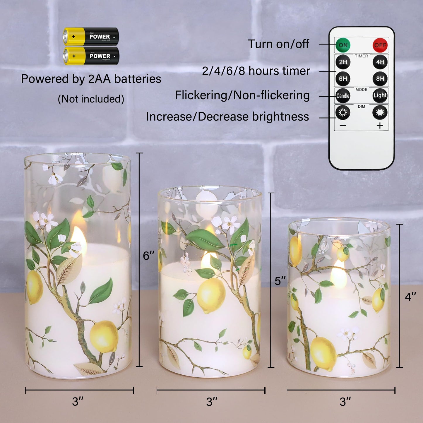 Flameless LED Candles with Remote Lemon Decal Glass Flickering Battery Operated Candles for Home Room Party Wedding Holiday Summer Decor - Set of 3