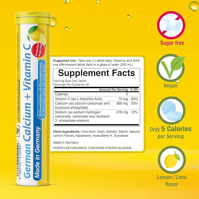 German Calcium + VIT. C - 40 Vegan Drink Effervescent Tablets - Lemon Lime Flavor - Made in Germany