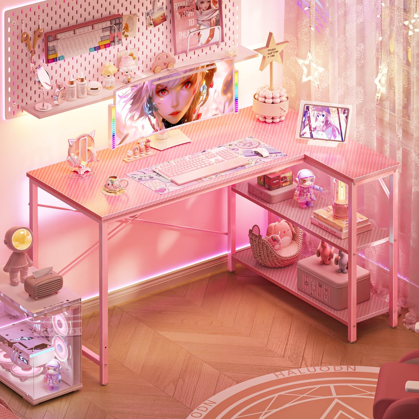 Huuger L Shaped Desk, 47 Inches Computer Desk with Reversible Storage Shelves, Gaming Desk, Corner Desk Home Office Desks, Writing Study Desk with Metal Frame, Pink