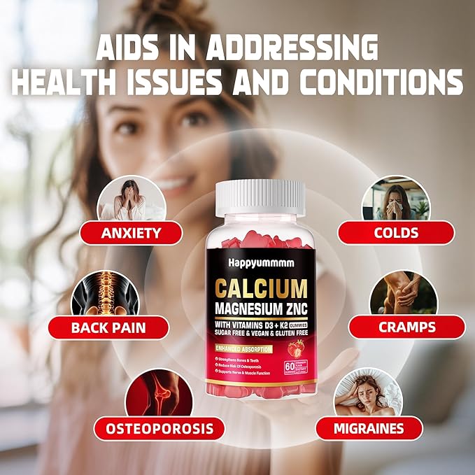 Calcium Magnesium Zinc Gummies with Vitamin D3 & K2 - High Potency Enhanced Absorption -60 Strawberry Gummies Flavored.