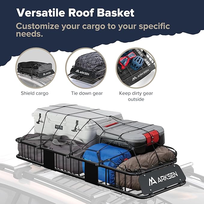 ARKSEN 64"x23"x6" Skinny Roof Rack Cargo Carrier Basket, Heavy Duty Weather Resistant Top Mount Cargo Rack, Luggage & Camping Gear Storage for Car, Truck or SUV Transport