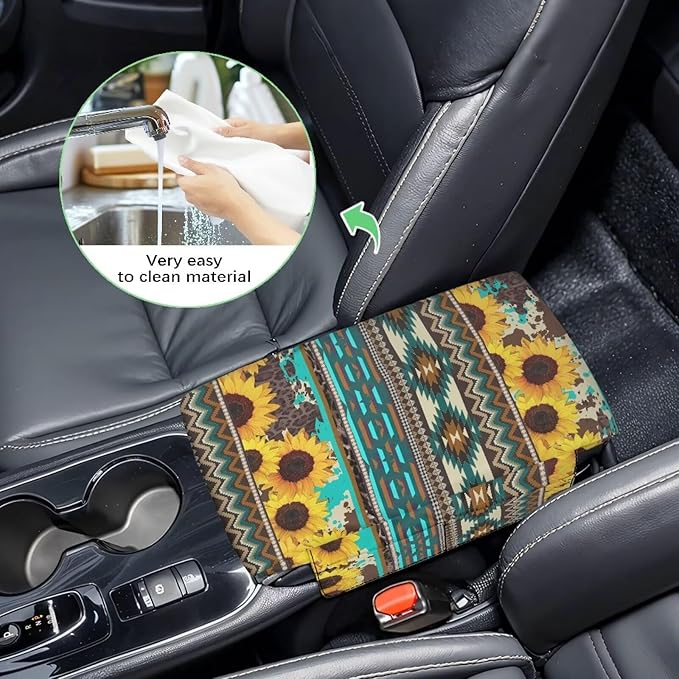 Dreaweet Sunflower Aztec Arm Rest Cover for Car Women Thick Center Console Armrest Pad with Pockets Car Armrest Storage Box Mat Universal Console Covers for SUV Trucks