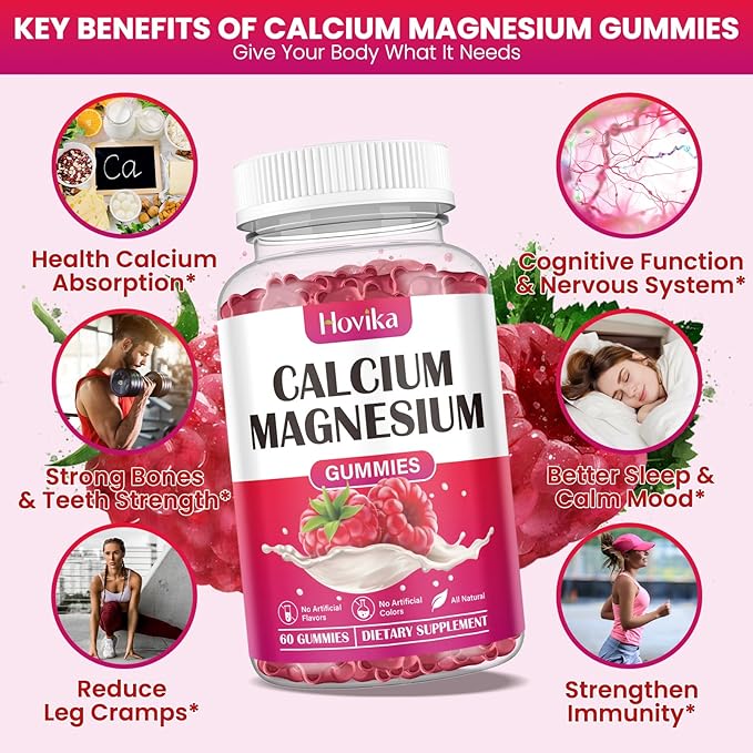 Calcium Magnesium Zinc Gummies-Calcium Magnesium 2:1 Ratio with Vitamin D3, K2, B6, B12 for Bone Strength, Muscle Function & Nerve Health, Extra Absorption Formula, Vegan, Raspberry Flavor 120 Gummies