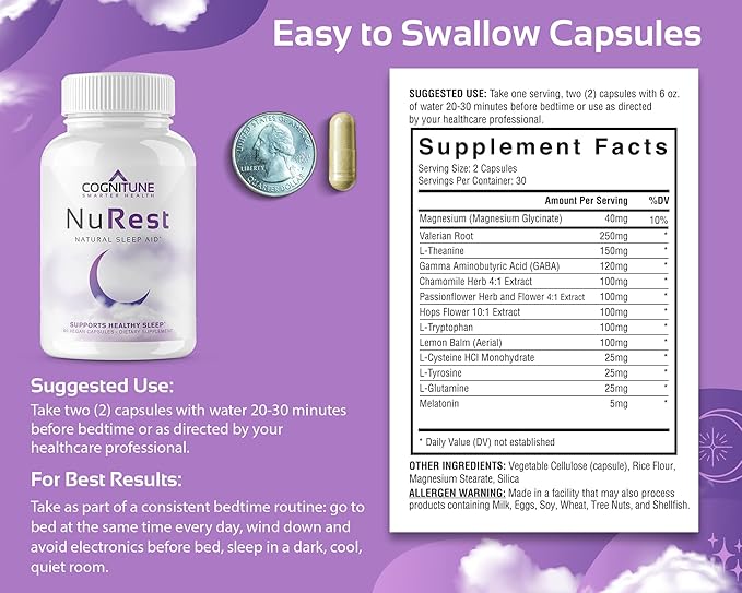CogniTune Natural Sleep Aid for Adults - Herbal Sleep Aid Supplement - Non-Drowsy Formula with Melatonin, Valerian Root, Lemon Balm, Chamomile, GABA & More