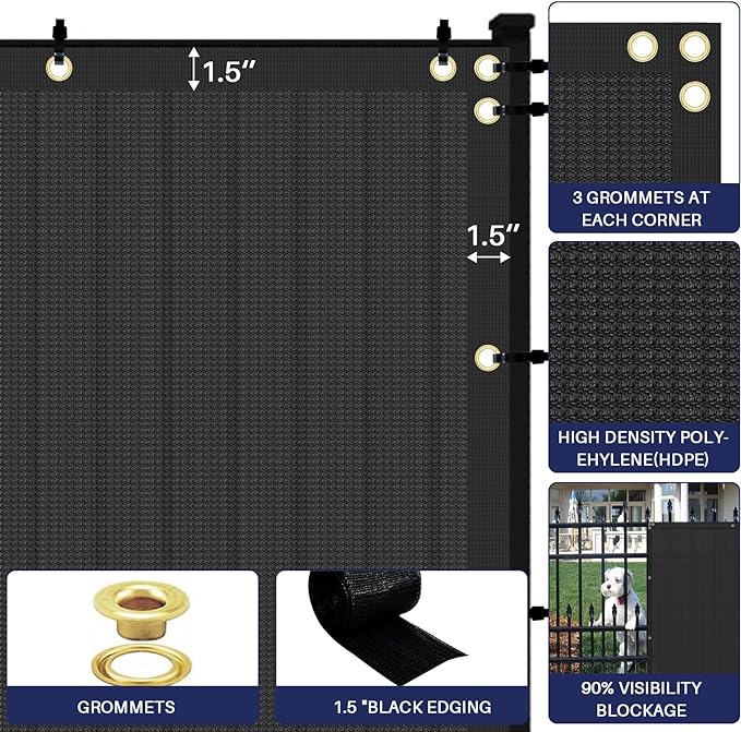 Windscreen4less Privacy Fence Screen Heavy Duty Windscreen Fencing Mesh Fabric Shade Net Cover with Brass Grommtes for Outdoor Wall Garden Yard Pool Deck, 8'x133' Black