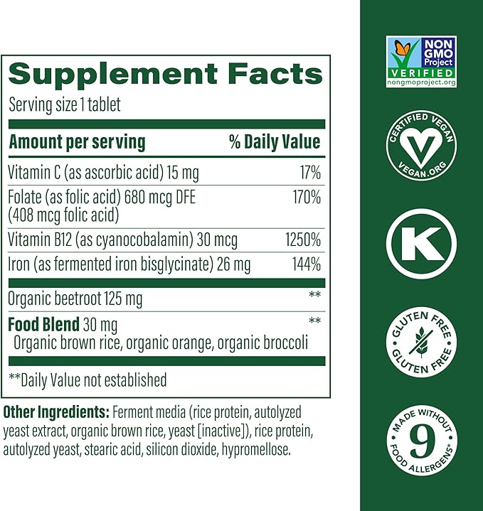 MegaFood Blood Builder Iron Supplement Clinically Shown to Increase Iron Levels Without Side Effects, Vegan Supplement for Women with Vitamin C, Vitamin B12 & Folic Acid, 30 Tablets