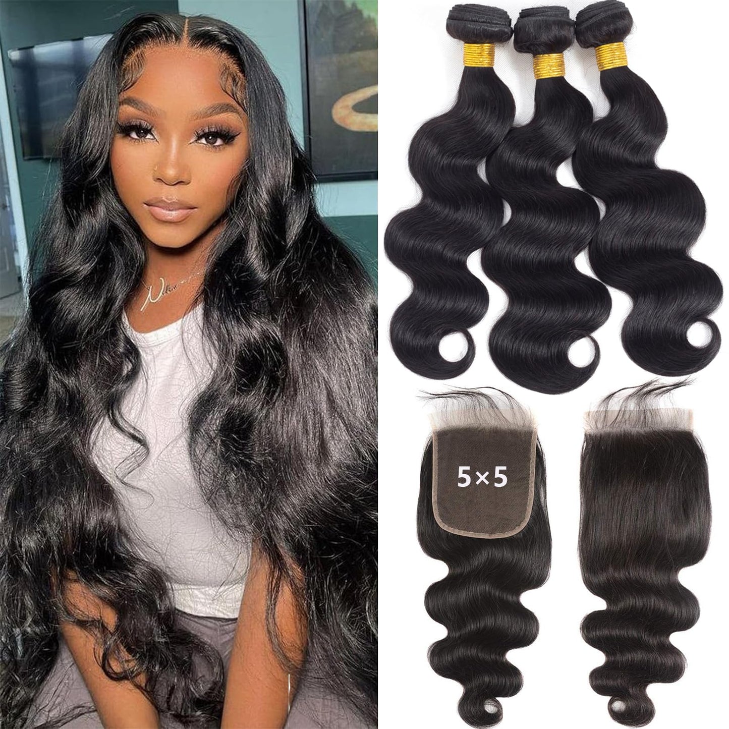 12A Body Wave 3 Bundles With 5  5 Hd Lace Closure (18 20 22+16'') 100% Unprocessed Brazilian Virgin Body Wave Human Hair Weave B