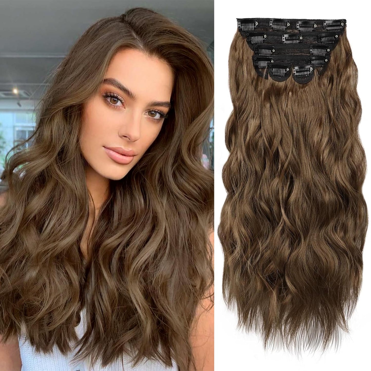 Wecan Clip In Synthetic Hair Extensions Long Wavy 6Pcs Thick Hairpieces Chestnut Brown Fiber Double Weft Natural Hair Extensions