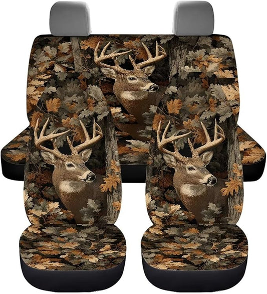 KEIAHUAN Car Seat Covers for Front and Rear Seat Full Set of 4 Pcs Camo Deer Hunting Design Front Saddle Blanket Rear Split Bench Protection Cover Automotive Interior Accessories