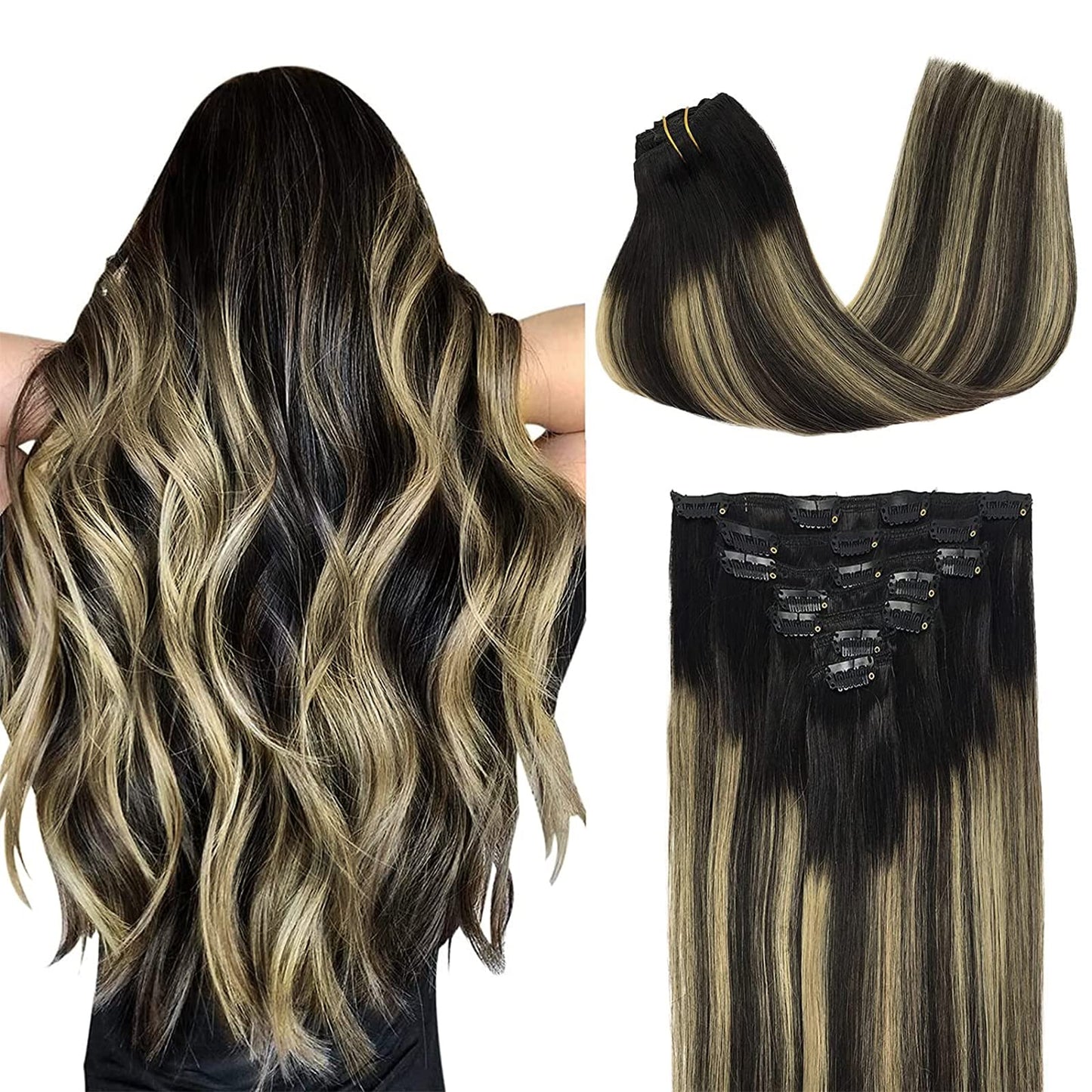 Doores Clip In Hair Extensions Human Hair Balayage Natural Black To Light Blonde 7Pcs 120G 14 Inch Remy Hair Extensions Clip In