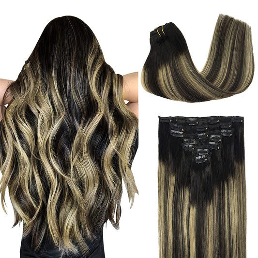 Doores Clip In Hair Extensions Human Hair Balayage Natural Black To Light Blonde 7Pcs 120G 14 Inch Remy Hair Extensions Clip In