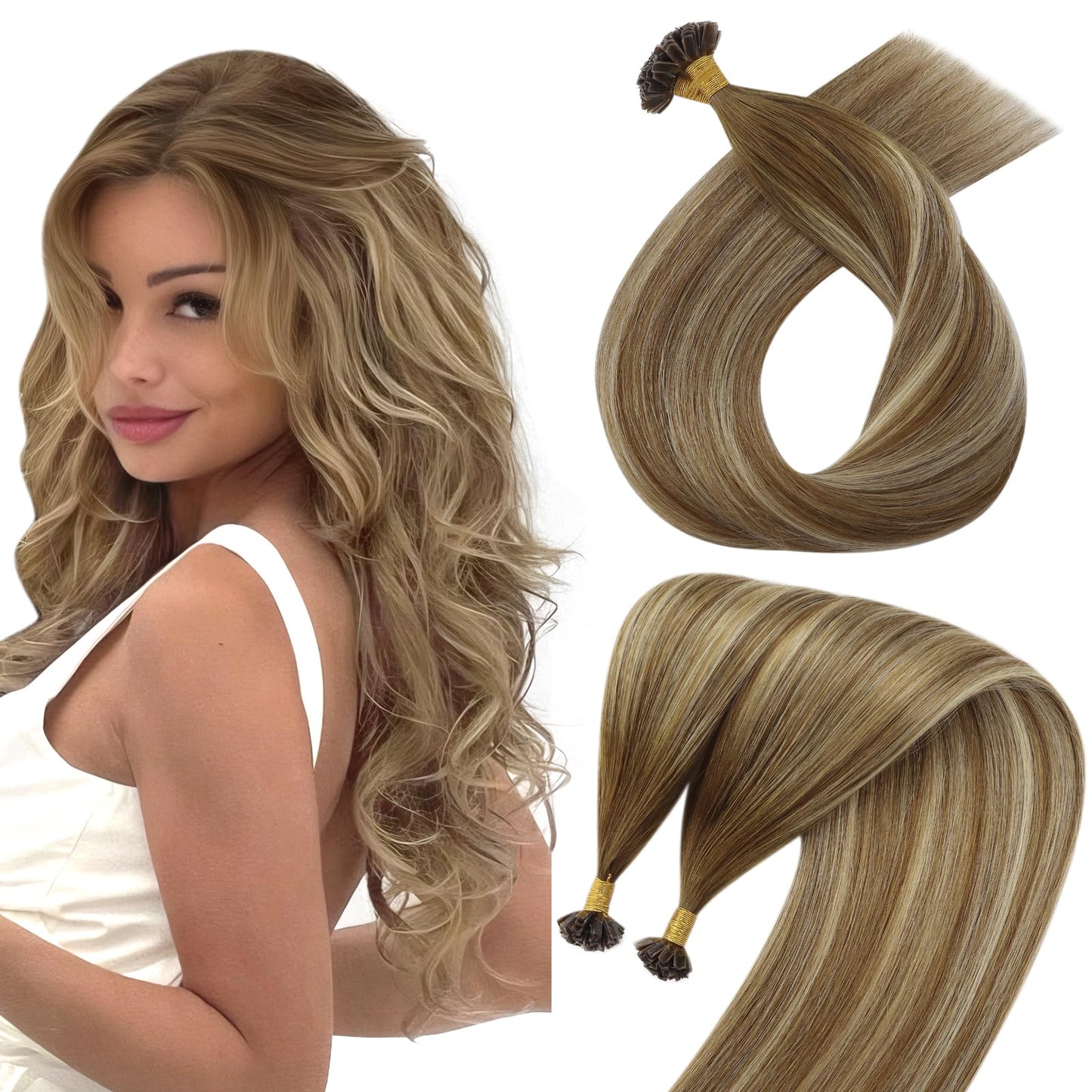 Sunny Hair Brown Balayage Ktip Human Hair Extensions 22Inch K Tip Hair Extensions Medium Brown Balayage Platinum Blonde Hot Fusi