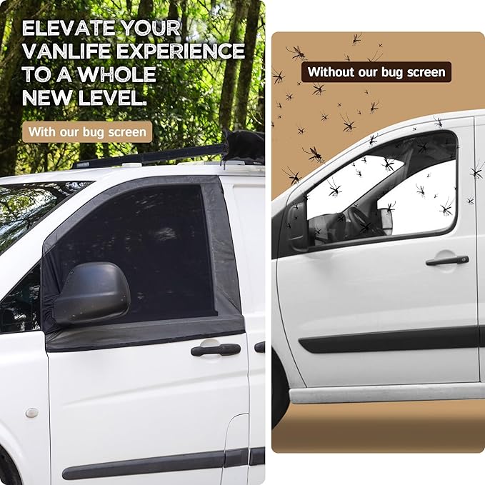 Living in a Bubble Magnetic Bug Screen for Front Doors (Pair), Universal Size for Sprinter, Metris, Ford Transit, and Other Vans & Cars - Car Living Essentials & Van Life Accessories