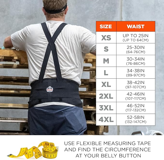 Ergodyne ProFlex 1650 Back Support Belt, 7.5" Elastic, Adjustable, Removeable Straps, Black, 2X-Large