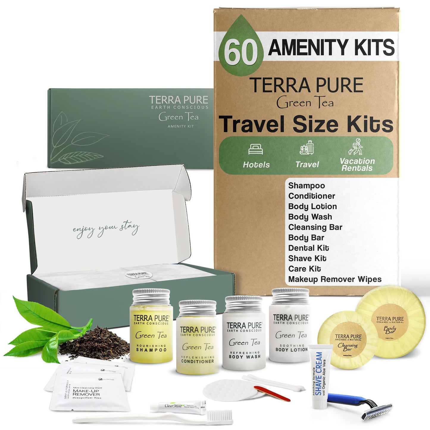 Terra Pure Green Tea Amenity & Accessory Kit | 1 Oz Travel Size Shampoo, Conditioner, Lotion, Body Wash, 2 Soap Bars, Shave & De