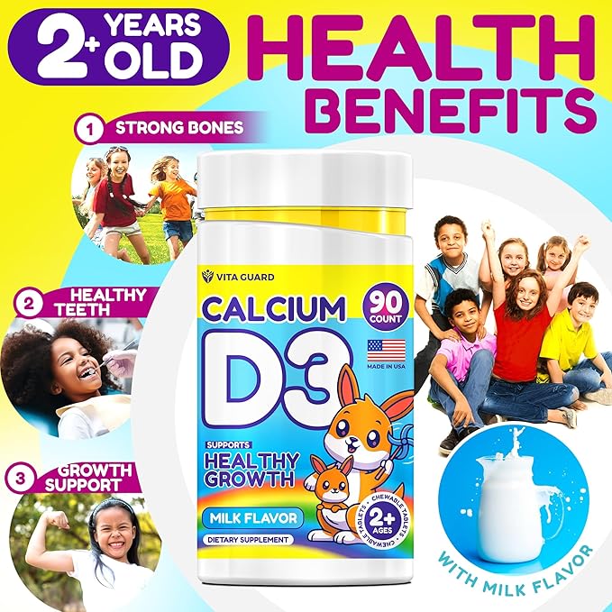 Calcium D3 Chewable Tablets for Kids – 640 mg Calcium & 320 IU Vitamin D3 – Non-GMO, Milk Flavor – Bone & Teeth Support Supplement – 90 Tablets for Ages 2+