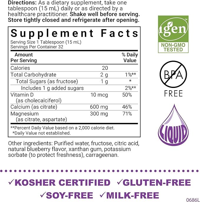Bluebonnet Nutrition Liquid Calcium Citrate Magnesium Citrate, Vitamin D3, Bone Health, Gluten Free, Soy free, milk free, kosher,32 Servings, Blueberry Flavor, 16 Fl Oz (Pack of 1)