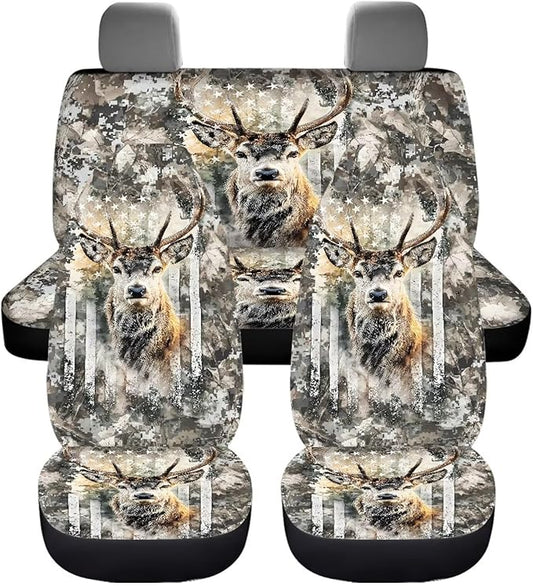 KEIAHUAN Car Seat Cover Full Set of 4 for Men Front Saddle Blanket Rear Split Bench Protection Cover Car Interior Accessories Decoration Fit Most Trucks, SUV or Vans American Flag Camo Deer Hunting