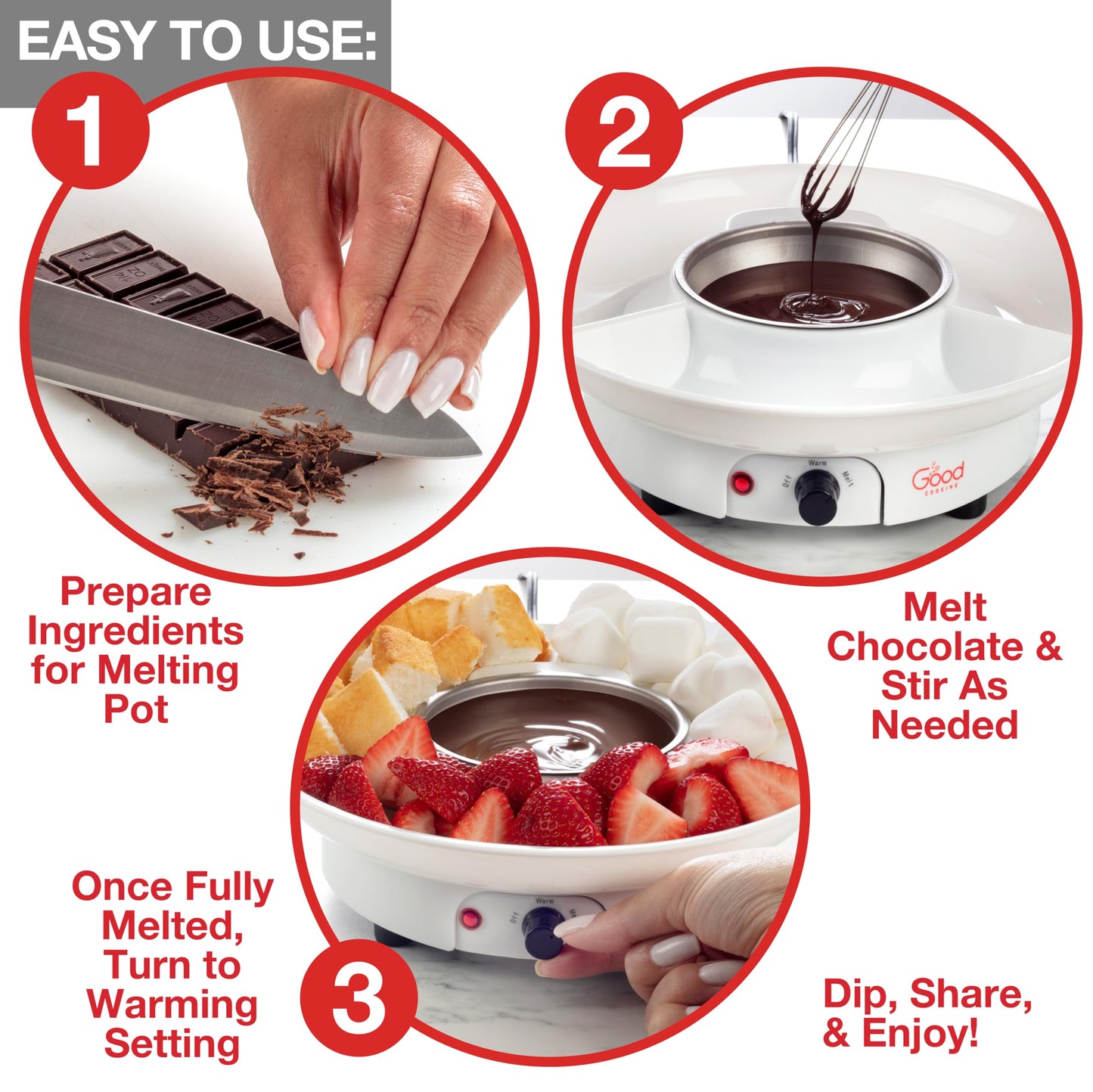 Electric Fondue Maker Deluxe Set w 4 Forks- Removable Serving Tray & Chocolate Melting, Warming Setting- 4th of July Summer S'mores Kit- Dip Snacks Marshmallows Strawberries- Party Appetizers Desserts