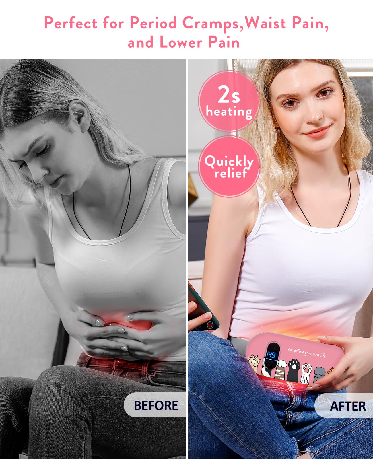 Portable Heating Pad for Period Cramps: Cordless Menstrual Heating Pad with 6 Heat Levels and 6 Massage Modes, 3s Fast Heating Gift for Women and Girl(Pink)