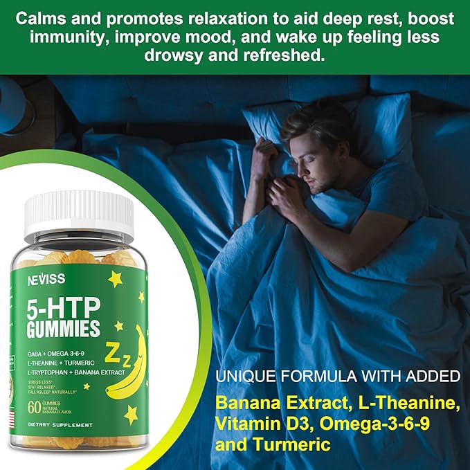 5-HTP GABA Gummies - Melatonin Free Calm & Relaxation Gummies w/Banana Extract, L-Theanine, L-Tryptophan, Omega-3-6-9 for Health Rest Cycle & & Circadian Rhythm, Natural Zzzs, Brain Relax (Pack of 2)