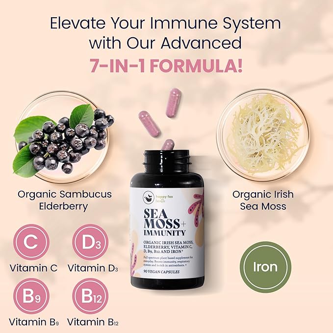 Purple Immunity Bundle - Organic Sea Moss Raw Purple & Organic Irish Sea Moss Capsules with Sambucus Elderberry for Immunity Defense, Vitamins C, D3, B9, B12, & Iron, 90 Count