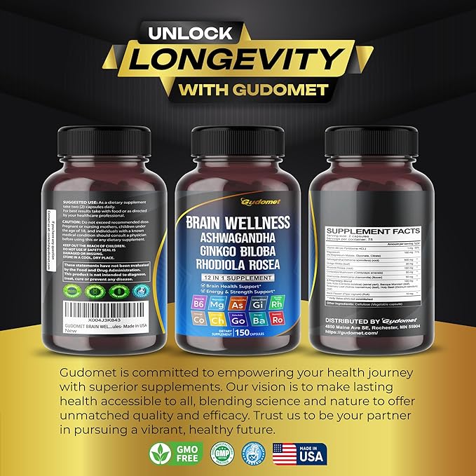 Brain Wellness Ginkgo Biloba Rhodiola Cordyceps Chamomile Ashwagandha Gotu Kola Bacopa Rosemary Holy Basil Black Pepper -150 Capsules- Made in USA