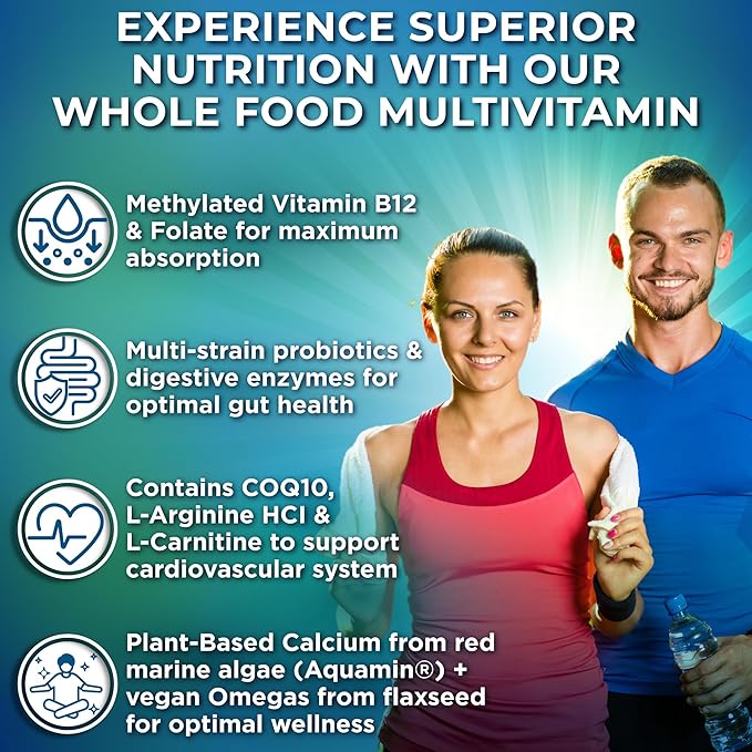 Vegan Whole Food Daily Multivitamin with Iron, Methylated Multivitamin for Women and Men, Made with Fruits & Vegetables, B-Complex, Probiotics, Enzymes, CoQ10, Omegas, Turmeric, Non-GMO, 180 Count
