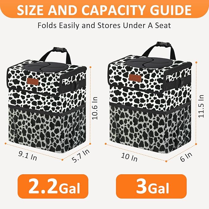 3 Gallons Car Trash Can with Lid, Car Bag Bin Hanging Waterproof Automotive Garbage Cans Leak Proof Vehicle Trash Can Cow Print