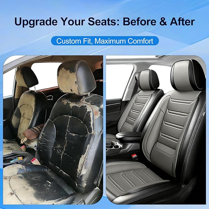 Fit Impala Car Seat Covers for Chevrolet/Chevy Impala 2000-2020, Premium Full Coverage Leather, Airbag Compatible, Waterproof All Weather Breathable Seat Protector, Full Set, Black+Gray