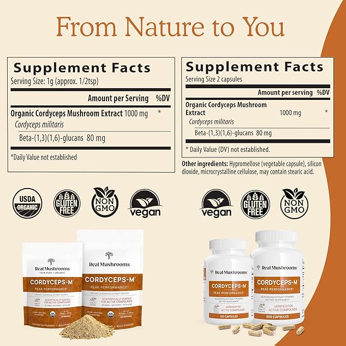 Real Mushrooms Cordyceps Capsules - Performance Mushroom Extract Supplement with Organic Militaris for Energy Immune Support Vegan Supplement, Non-GMO, 300 Caps