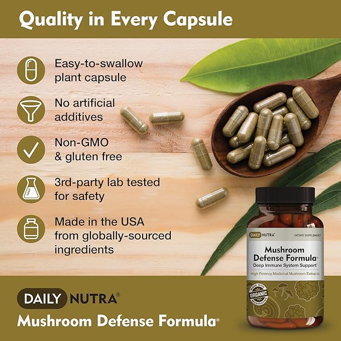 Mushroom Defense Formula - Immune Support Supplement | Organic Mushrooms, Hot Water Extracted - Reishi, Chaga, Maitake, Shiitake & Turkey Tail (60 Capsules)