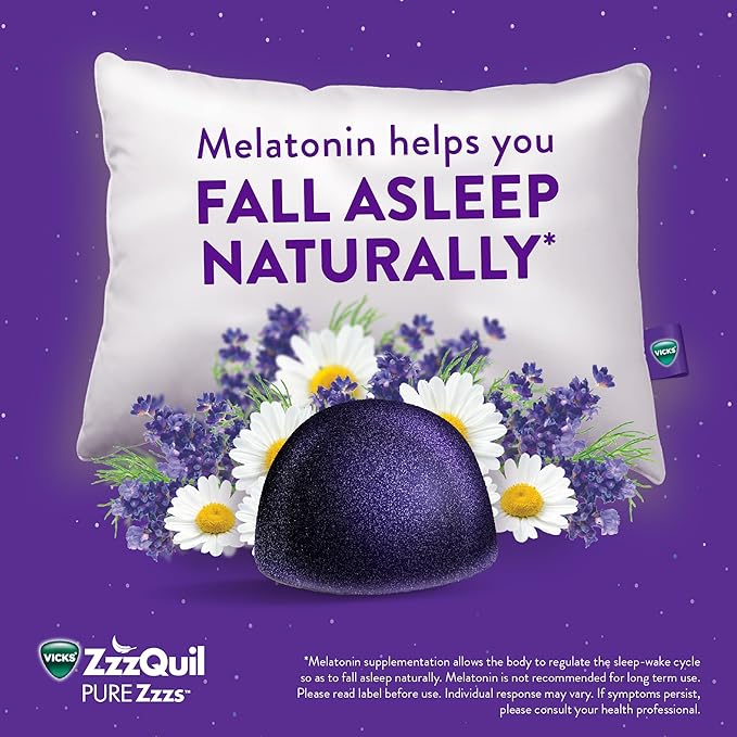 ZzzQuil PURE Zzzs Melatonin Gummies, Sleep Aid, Melatonin 2mg, with Chamomile & Lavender, Melatonin Sleep Gummies, Sleep Aids for Adults, Wildberry Vanilla Flavored, 24 Sleep Gummies
