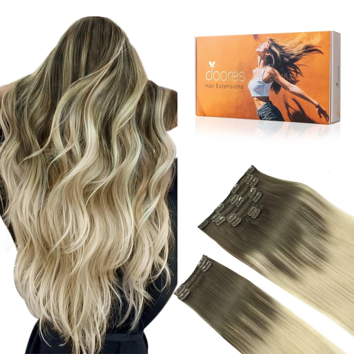 Doores Clip In Hair Extensions, Real Human Hair, Ash Brown To Platinum Blonde, 150G, 9Pcs, 22 Inch, Remy Clip In Hair Extensions
