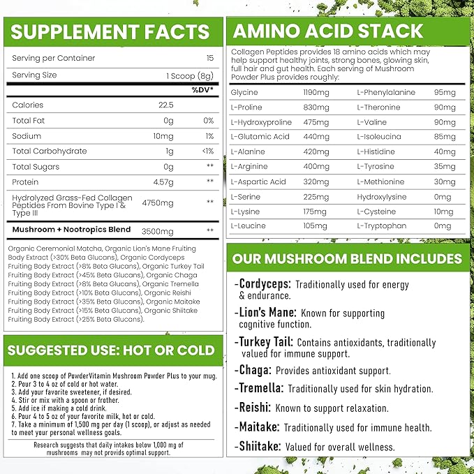 Organic Mushroom Matcha Powder Certified Pesticide-Free Grass-Fed Collagen Types I & III, 8 Fruiting Body Mushrooms Tested for Beta-Glucans Focus Digestion & Immunity 15 Servings