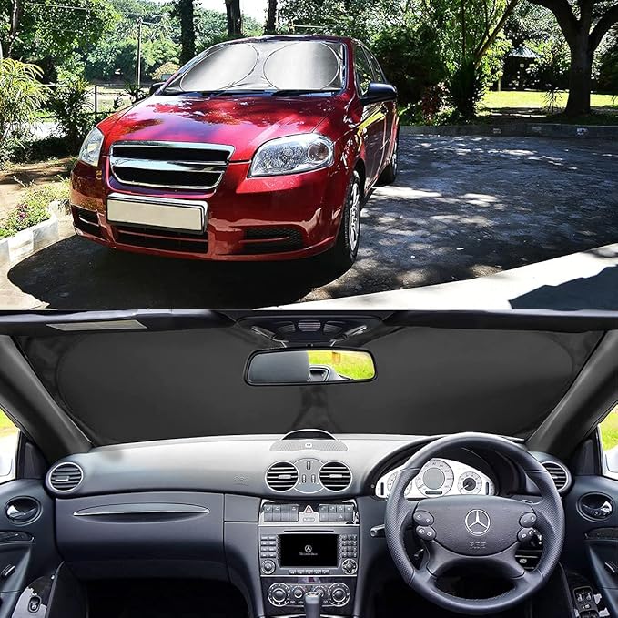 Foldable Windshield Sun Shade, Bonus Steering Wheel Sun Shield to Block UV Rays Keep Your Vehicle Cooler, Easy to Use Car Interior Accessories (Large)