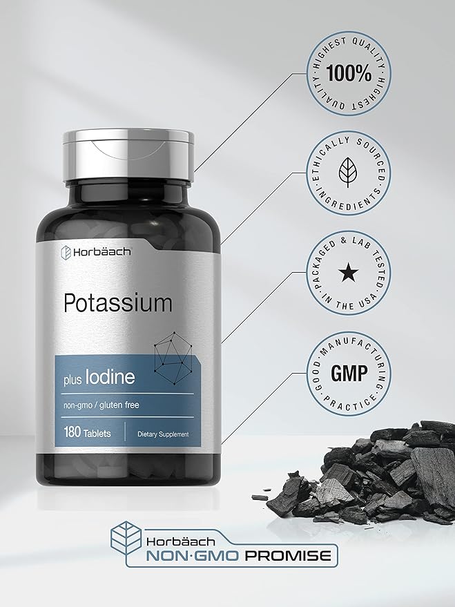 Horbäach Potassium Chloride Supplement | Plus Iodine | 180 Vegetarian Tablets | Non-GMO and Gluten Free