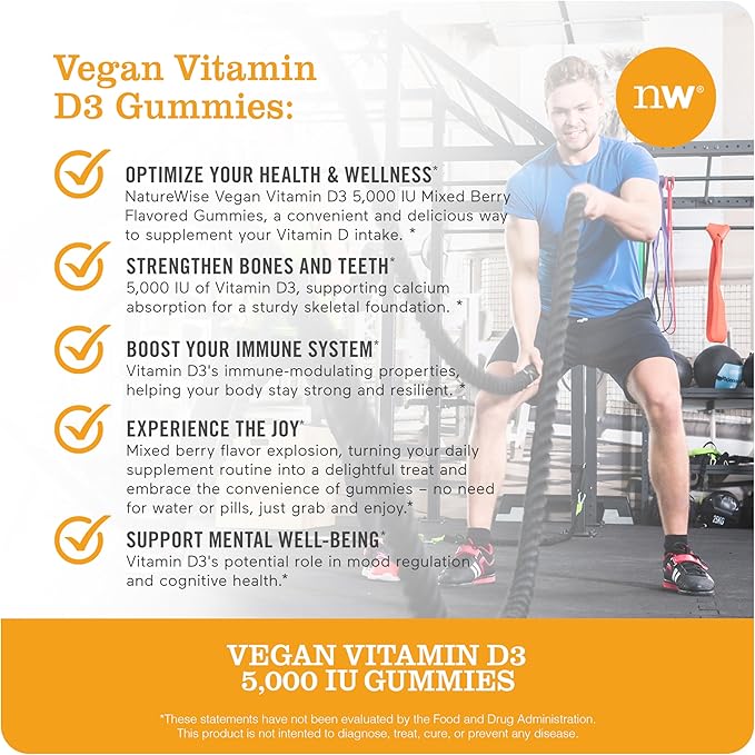 NatureWise Vitamin D3 5000 IU Gummies - Mixed Berry Flavor - Vegan D from Lichen, Pectin Based, Immune Support for Adults, Muscle & Bone Strength - Gluten Free, Non-GMO - 90 Count[45-Day Supply]