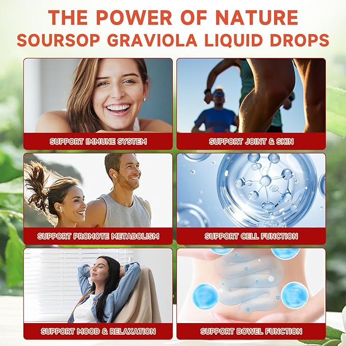 Soursop Graviola Liquid Drops for Cell Support & Regeneration, Immune Boost, Relax, Liver and Sleep, Soursop Bitters Liquid, Sugar/Gluten Free, Natural Strawberries Flavor - 4 Fl Oz (120ml) Bottle