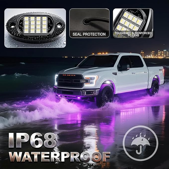 12 Pods RGBW LED Rock Lights Full Kit, 6500K Pure White (Not Mixed) & RGB Underglow for Truck Jeeps Golf Cart ATV UTV RZR Pickup, App/RF Remote Smart Brake Music Sync, Waterproof Offroad Underbody 12V