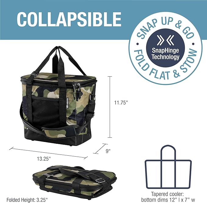 CleverMade Collapsible Insulated Cooler Bag – 24 Can Leakproof Soft Cooler for Beach, Travel, Car – Shoulder Strap, Bottle Opener – Camo