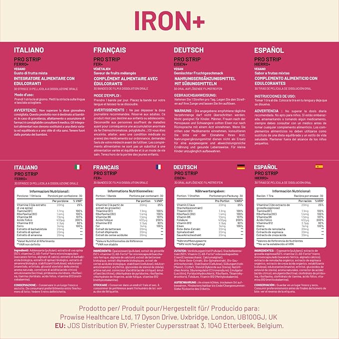 PROSTRIP® Iron+ AB-Fortis® 14mg Added with Vitamin C, B1, B2, B6, Folic Acid, Beetroot, Spinach and Tart Cherry – 30 Oral Vegan Strips – No Water Needed – High Absorption by Prowise Healthcare