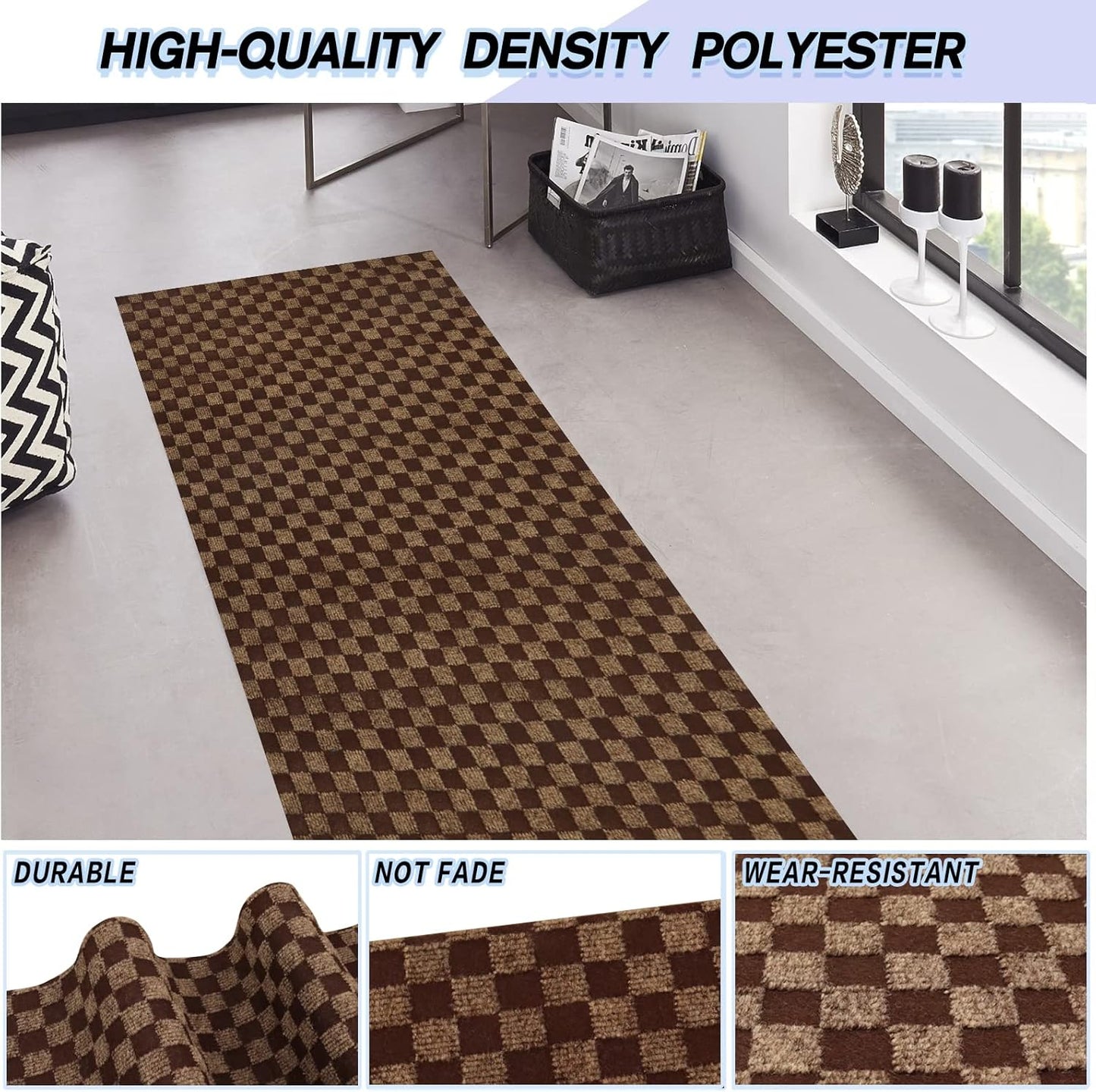 Custom Size Backed Non-Slip Area Rugs Runner, Easy Clean, Waterproof Runner Rugs for Hallway Entryway, Kitchen, Laundry, 4FT x 81FT, Brown Checkered