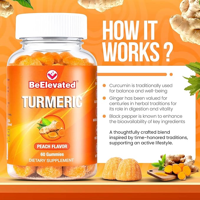 Curcumin Turmeric Gummies – Extra Strength 2000mg 8:1 Extract Turmeric Supplement Gummies with Black Pepper & Ginger – Vegan Non-GMO Joint Support Chewables – Peach Flavor - Pack of 2