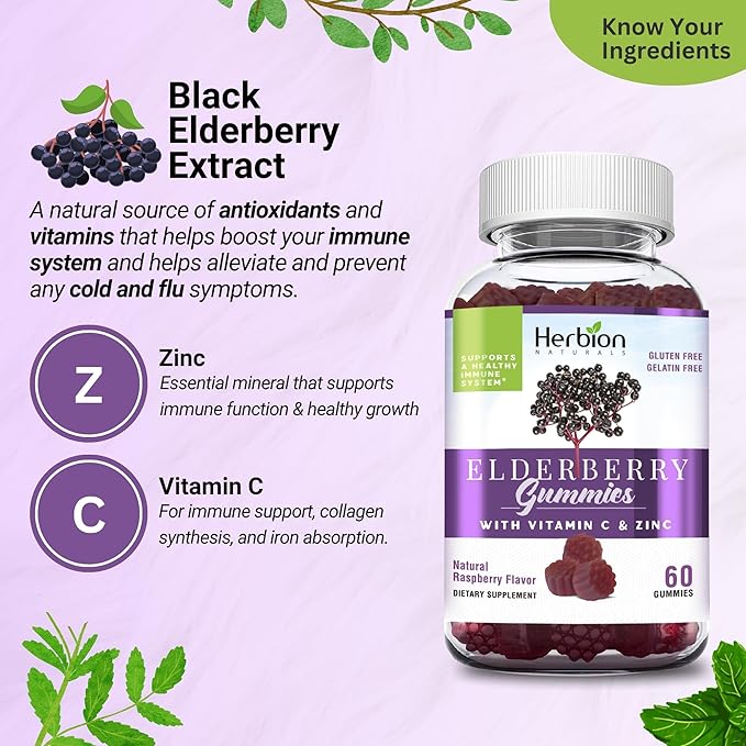 HERBION Elderberry Gummies with Vitamin C & Zinc - Healthy Immune System Support - Gluten-Free & Gelatin-Free - 60 Gummies for Adults & Children 4 Years & Above - Made in USA, 60 Count (Pack of 1)