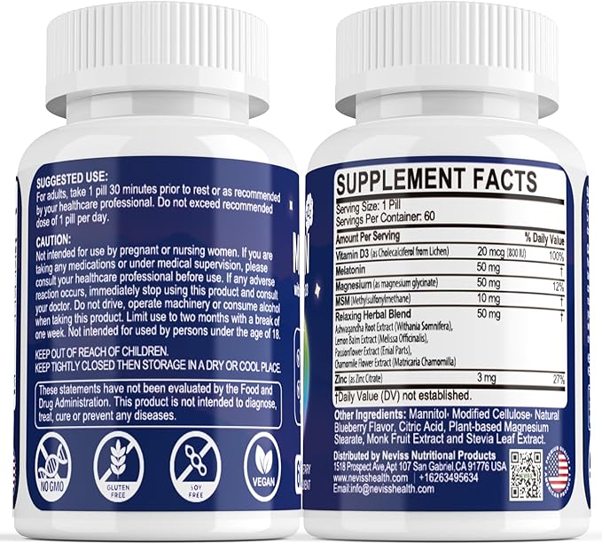 Melatonin 50 mg for Adults - Extra Strength 9-IN-1 Fast Dissolve Sublingual - w/ Vitamin D3 & MSM, Relaxing Herbal Blend-Ashwagandha, Lemon Balm, Passionflower,Chamomile,Sugar Free, Vegan 180 Servings