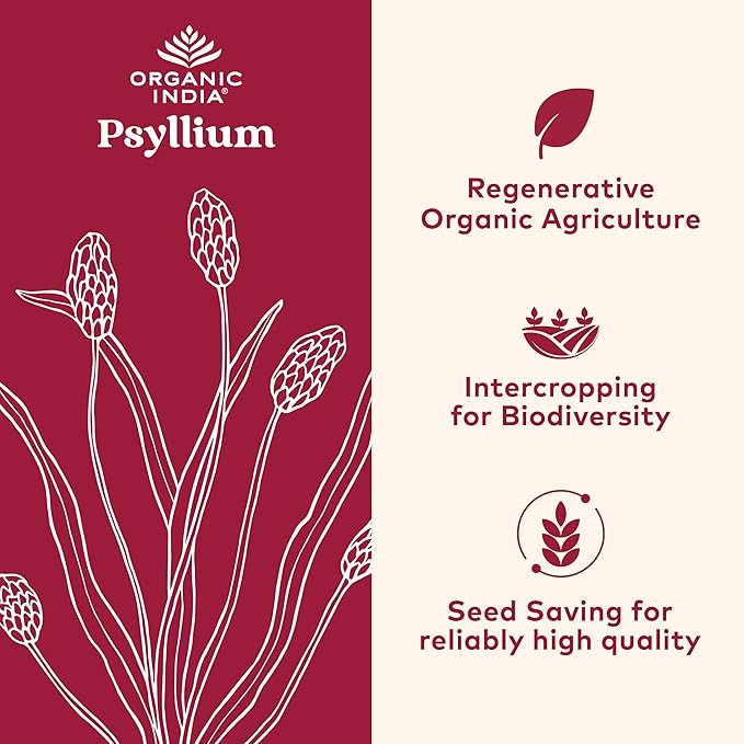 ORGANIC INDIA Psyllium Herbal Powder - Whole Husk Fiber Supplement, Digestion Support, Vegan, Gluten-Free, USDA Certified Organic, Non-GMO, Soluble & Insoluble Fiber Source - 12 oz