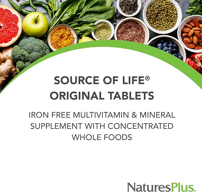 Natures Plus Source of Life No Iron - 180 Tablets, Pack of 2 - Multi-Vitamin & Mineral Supplement - Supports Natural Energy & Overall Well-Being - Gluten Free, Vegetarian - 120 Total Servings