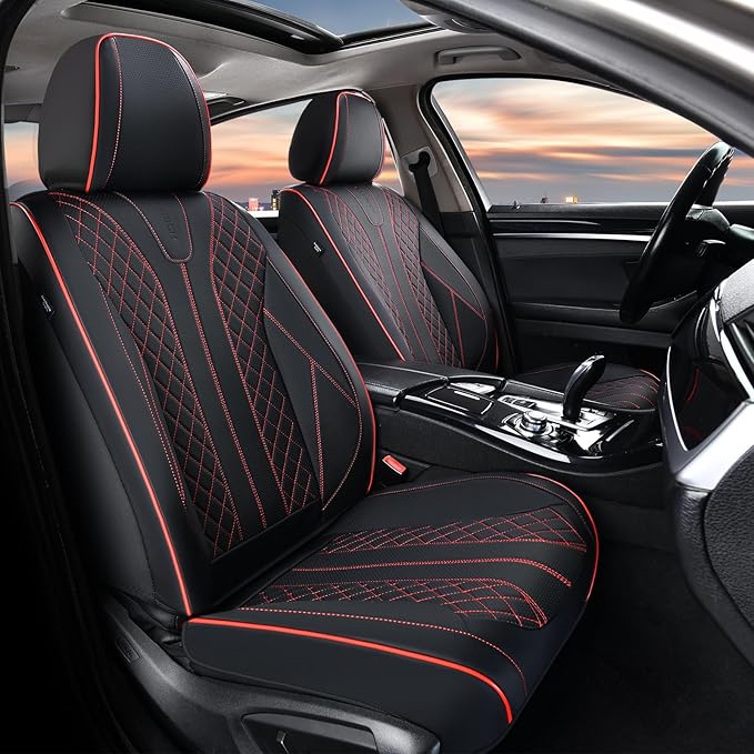 FLORICH Leather Car Seat Covers, Automotive Seat Cover 2 Pack Waterproof Seat Covers for Cars Driver Seat Cover Protectors Universal Fit for Most Cars SUV Trucks Vehicles, Black&Red Line