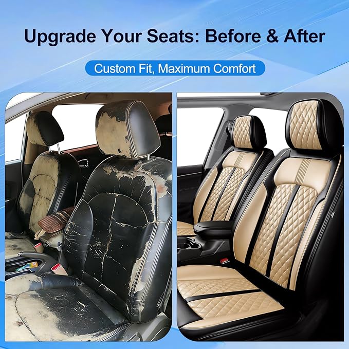 Fit Cruze Car Seat Covers for Select Chevrolet/Chevy Cruze 2011-2019, Premium Full Coverage Leather, Airbag Compatible, Waterproof All Weather Seat Cushion Protector, Front Pair Black+Beige
